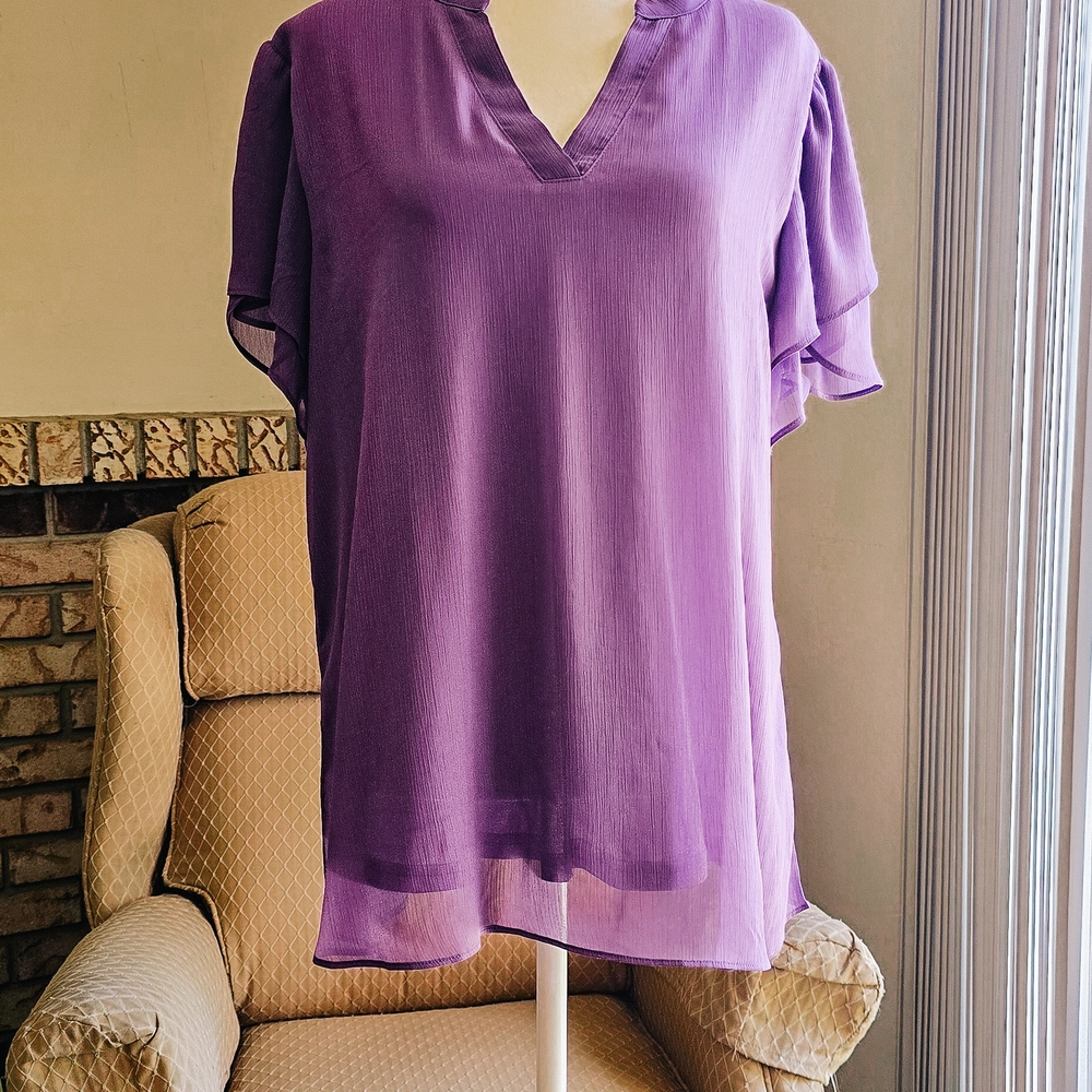 Purple Flutter Sleeve Blouse – V-Neck Sheer Overlay